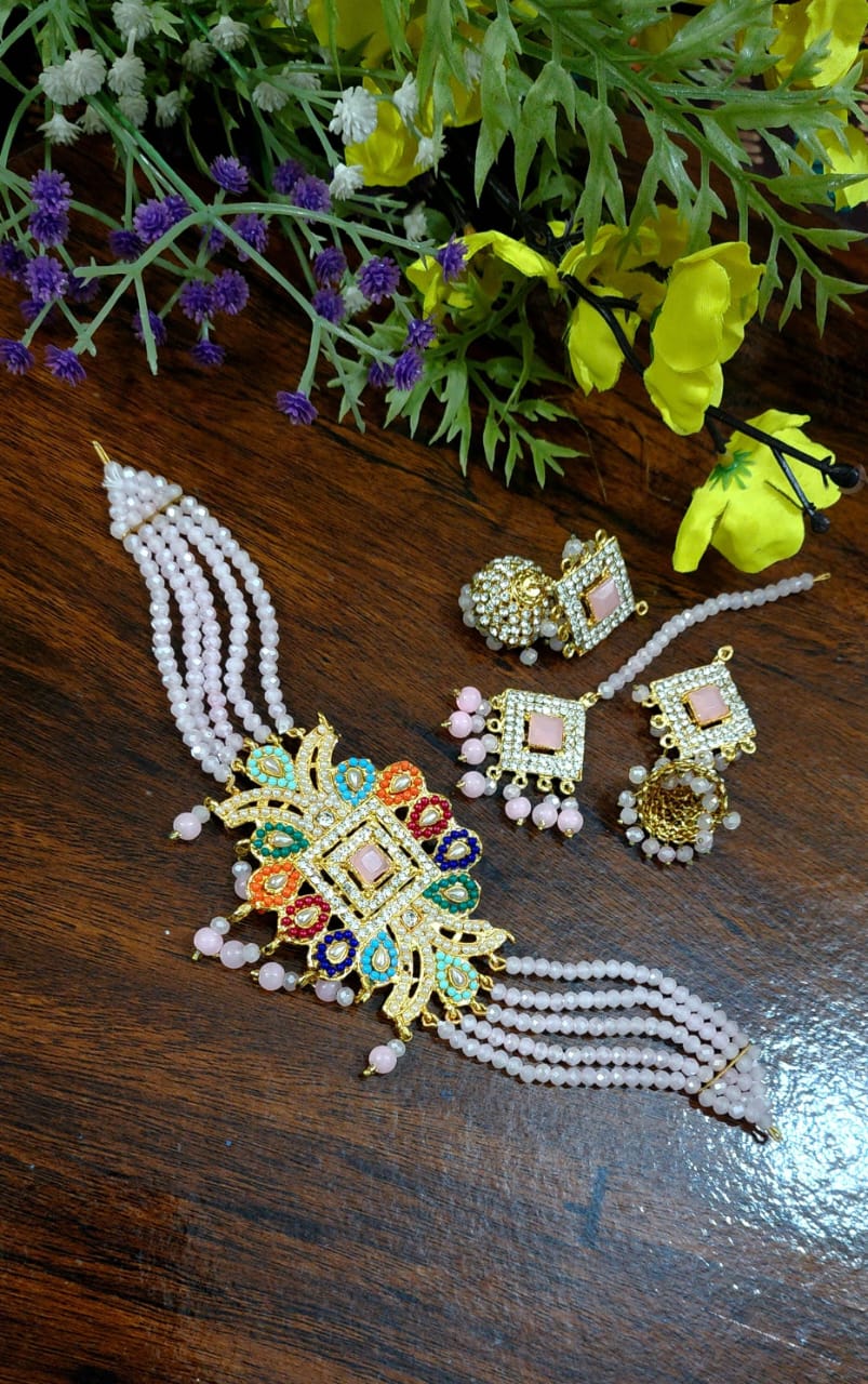 Choker Set With Colourful Paroi, Jhumka Bindi