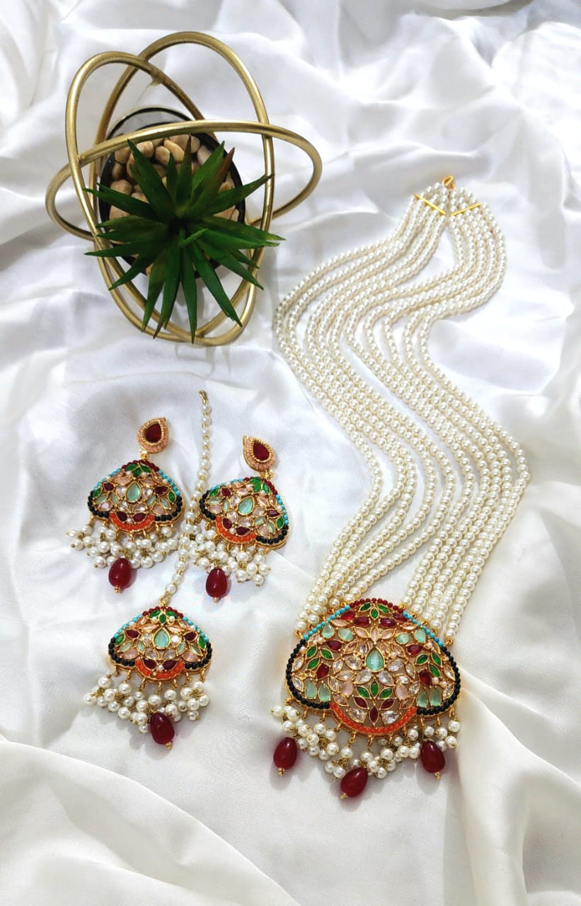 Zircon Work Casting Maala Set Multi Nauratan