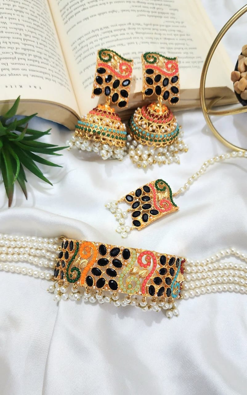 Real Stone Work Choker Set with Jhumka Bindi Gucha Paroi