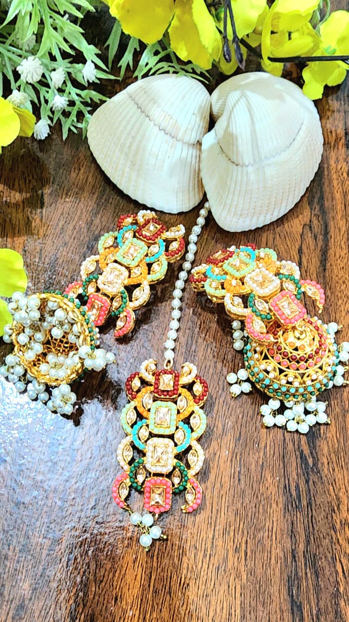 Nauratan Beautiful Handmade Real Stone Work Jhumka Bindi Big Size