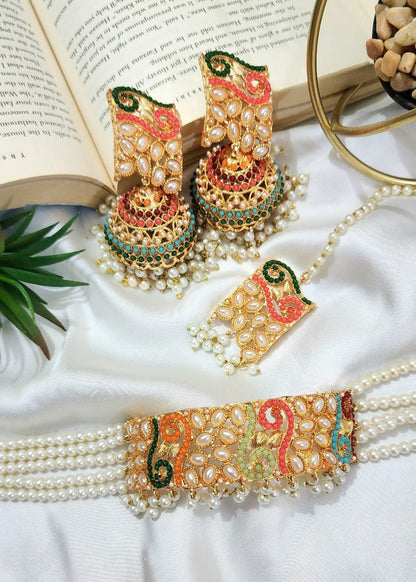 Real Stone Work Choker Set with Jhumka Bindi Gucha Paroi