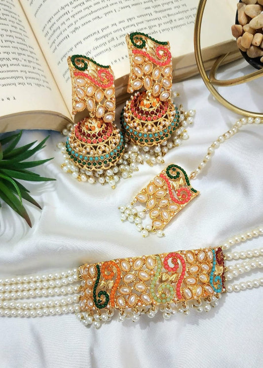 Real Stone Work Choker Set with Jhumka Bindi Gucha Paroi