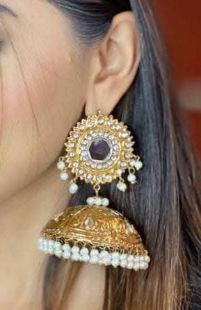 Bahawalpuri Kundan Jhumka Full Size Golden, Silver