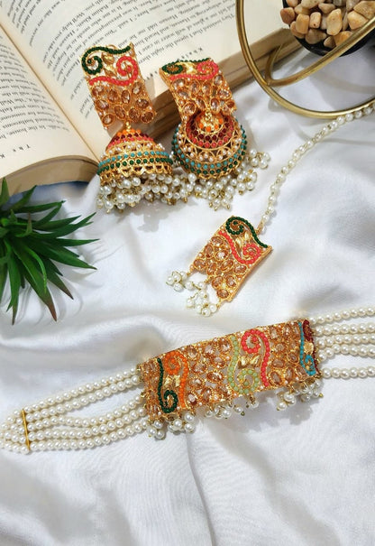Real Stone Work Choker Set with Jhumka Bindi Gucha Paroi