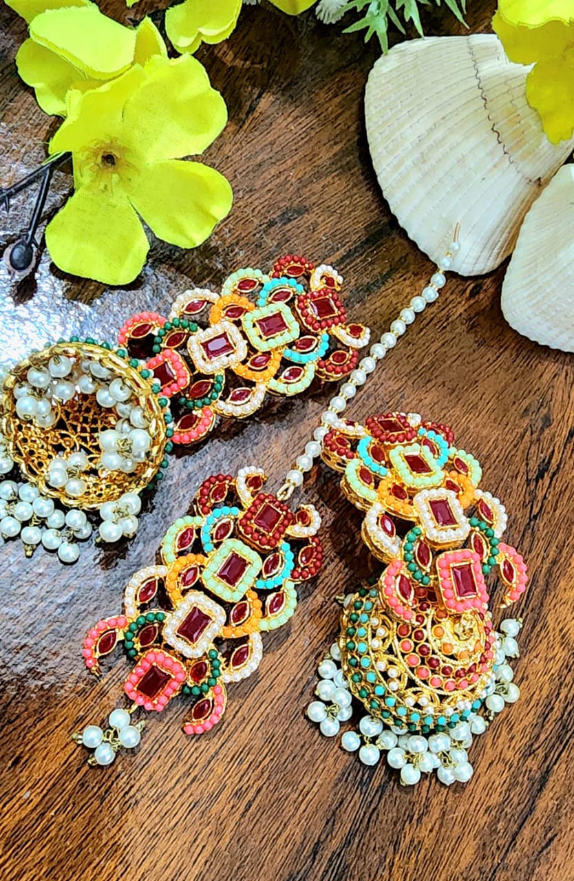 Nauratan Beautiful Handmade Real Stone Work Jhumka Bindi Big Size
