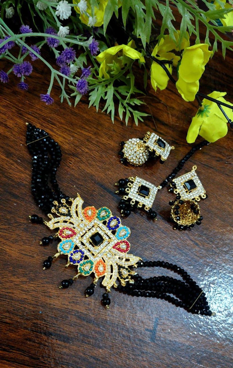 Choker Set With Colourful Paroi, Jhumka Bindi