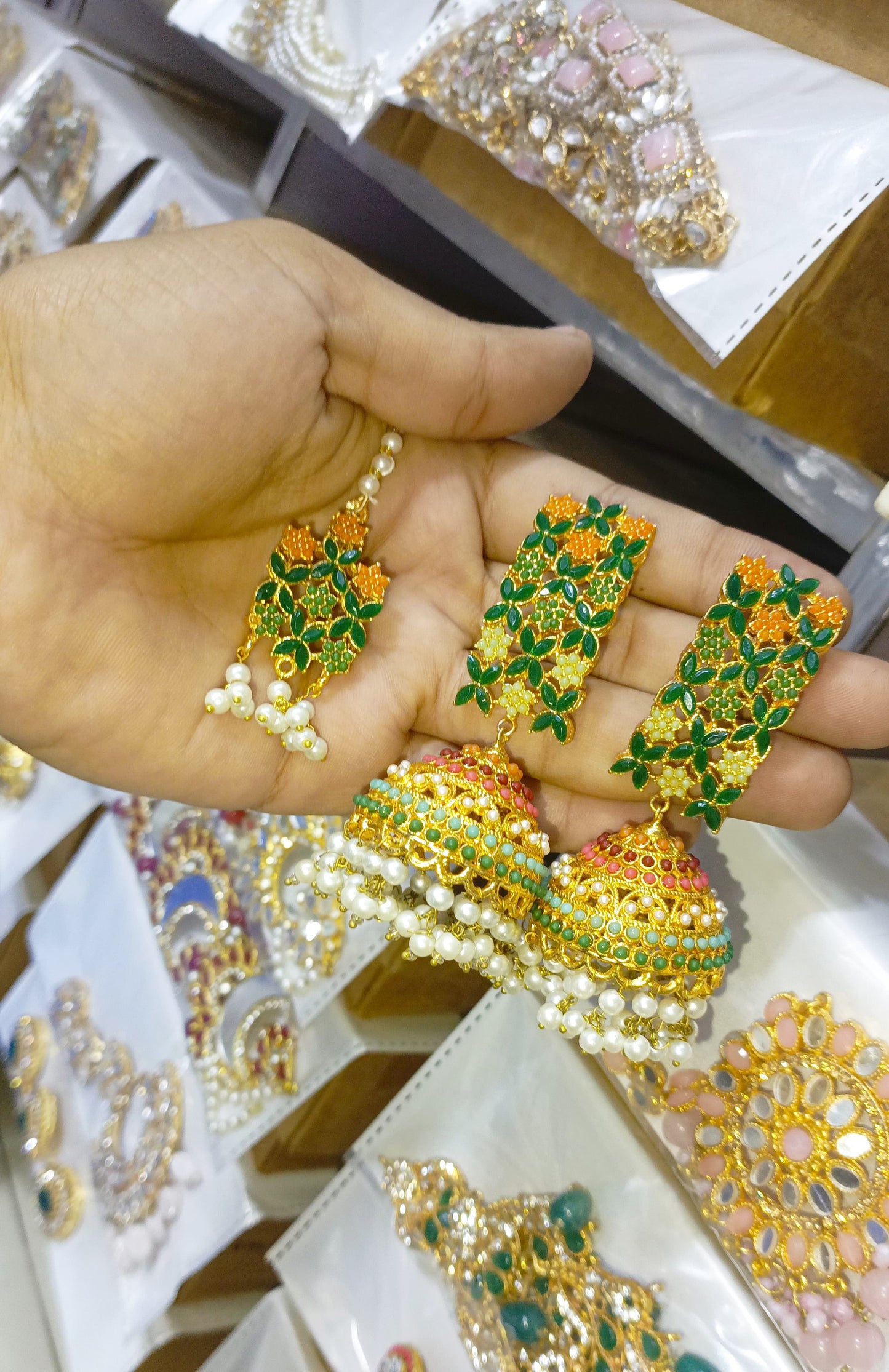 Nauratan Multi Jhumka With Bindi, Gucha Paroi