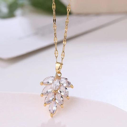 Stainless Steel Leaf Pandant Chain Zircon