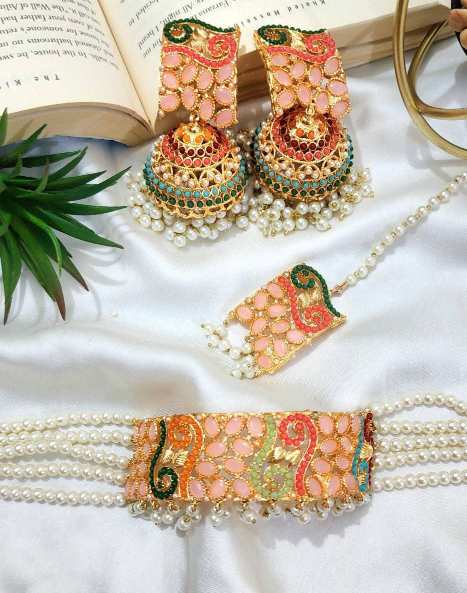 Real Stone Work Choker Set with Jhumka Bindi Gucha Paroi