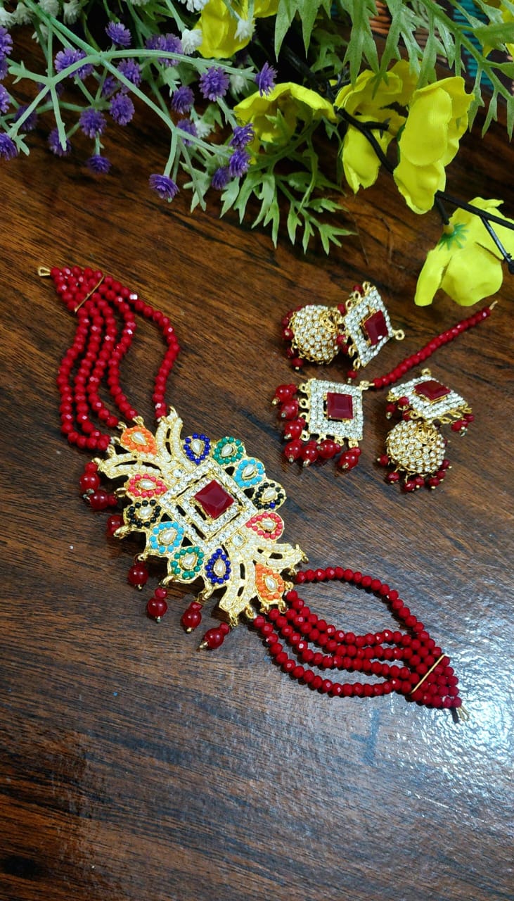Choker Set With Colourful Paroi, Jhumka Bindi