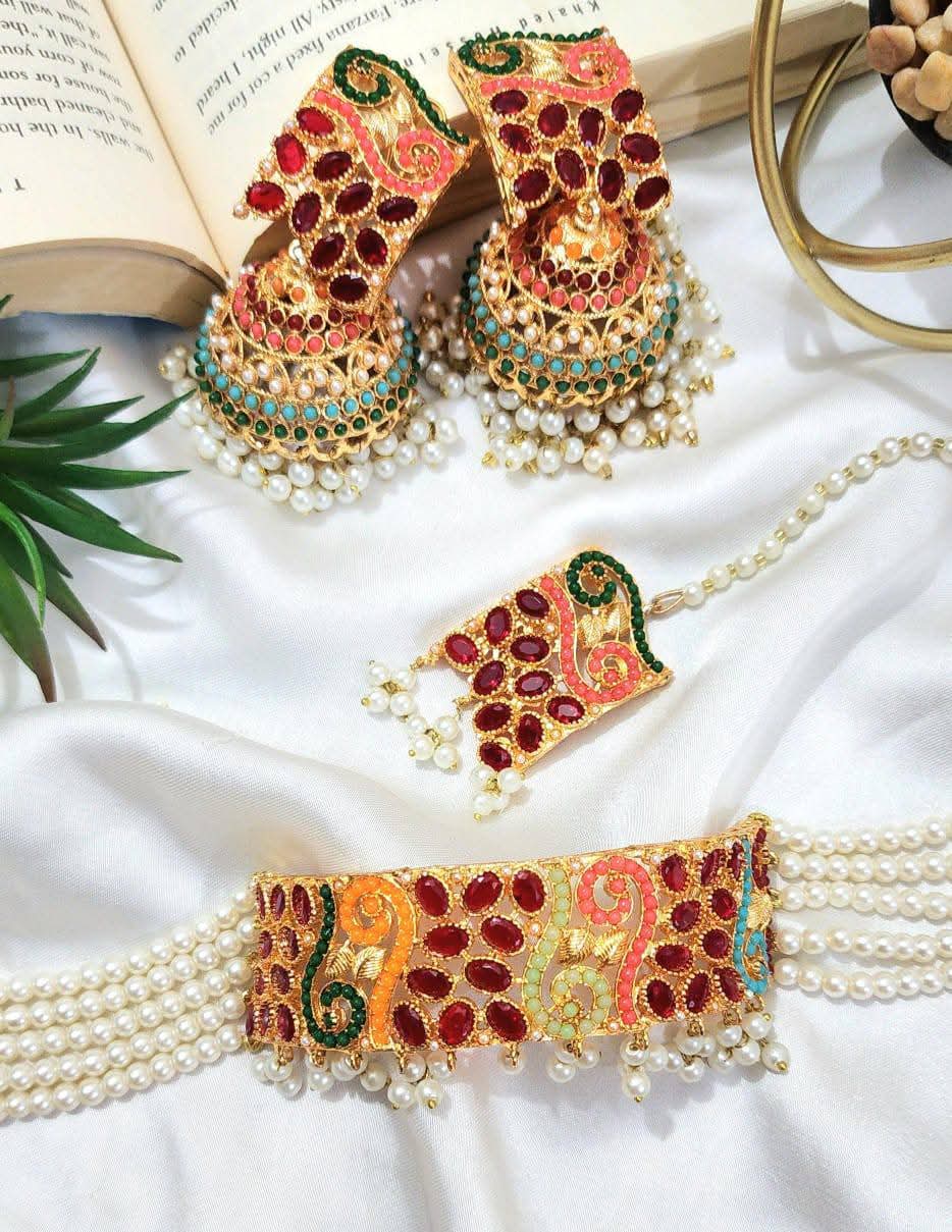 Real Stone Work Choker Set with Jhumka Bindi Gucha Paroi